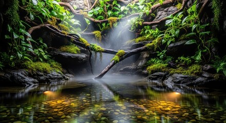 Serene Waterfall in Forest.