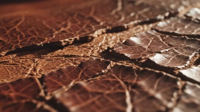 Close-up of cracked and peeling brown leather with a shallow depth of field, showcasing texture and pattern in warm tones on a white background.