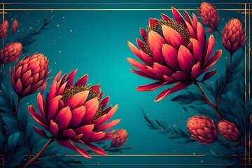 Vibrant King Protea Flowers on Teal Background – AI Art, Perfect for modern wall art prints, website hero banners, social media graphics, invitation designs, luxury branding, home decor
