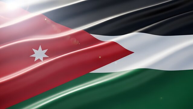Close-up view of the national flag of Jordan waving gracefully in the wind, showcasing its vibrant red, black, white, and green stripes with the white seven-pointed star.