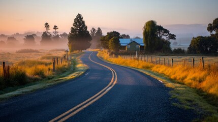 Fototapeta premium Serene Countryside Road in Morning Fog with Lush Greenery and Rolling Landscape