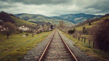 Fototapeta premium Tranquil Countryside Train Tracks Leading into Distant Rolling Green Hills