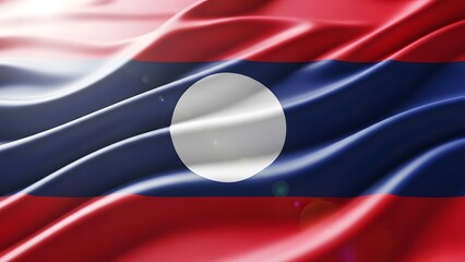 Fototapeta premium Waving flag of Laos with its distinctive red, blue, and white circle design, showcasing the national symbol in a vibrant, rippling fabric.