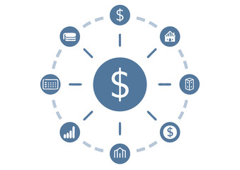 Central Finance Network: Dollar Hub with Interconnected Money Icons