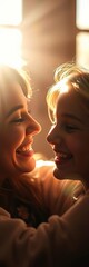 Obraz premium Sunlit halos frame tender bonds, a soft glow on faces etched with pure delight and shared laughter, blissful, happy