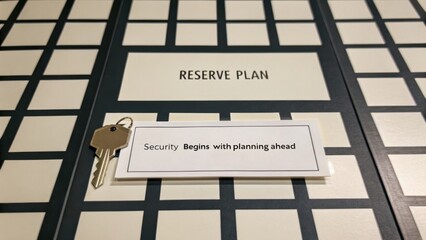 Fototapeta premium Strategic security planning with key on reserve plan document and motivational quote for proactive preparedness