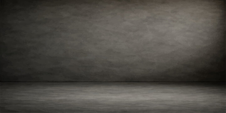 An empty dark room featuring aged concrete walls and a textured cement floor creates a vintage grunge interior with a dirty gray pattern and black metal accents for a moody backdrop