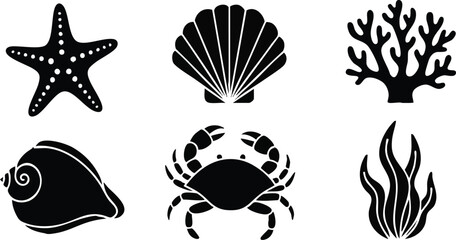 Black Silhouette Ocean Creatures and Plants. © rama coloring studio