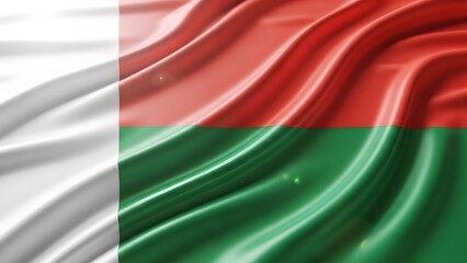 Fototapeta premium Waving flag of Madagascar with a silky texture, featuring white, red, and green stripes, symbolizing the nation's identity and history.