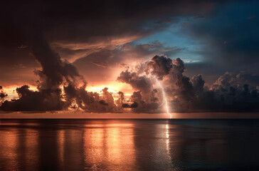 Fototapeta premium A colorful sunset over the sea creates a romantic mood with glowing skies and calm waves. The scene invites peace, reflection, and quiet moments.