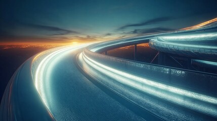 Futuristic elevated highway at sunset with smooth curves and glowing lights for transportation