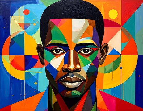 Portrait of a man with skin tone variations, formed by geometric shapes, against a vibrant, circular background