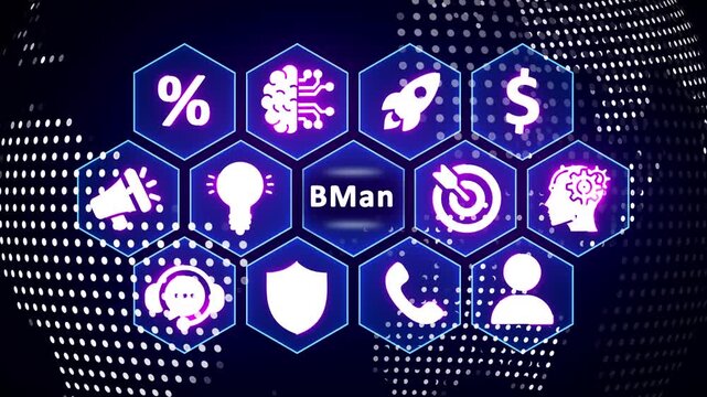 Business concept with B Man acronym surrounded by glowing hexagonal icons on a dark digital background Keywords: business, B Man, acronym, concept, strategy, marketing, finance, idea, innovation