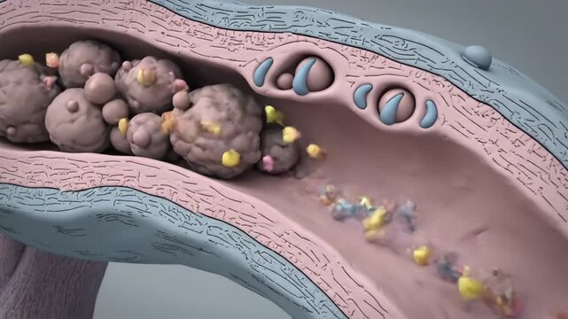 3D medical animation showing calculi formation and breakdown in a biological duct. Particles detach and flow.
