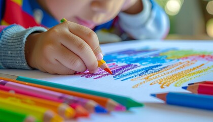 Fototapeta premium Close-up of a child's hand coloring with a yellow pencil on paper surrounded by crayons in a bright and creative setting.