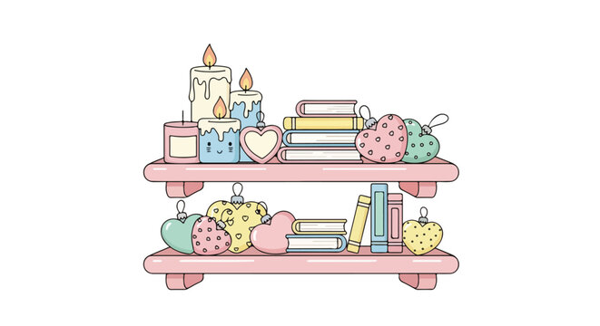 Digital illustration of a pink shelf with books, cakes, and decorative items on a white background.