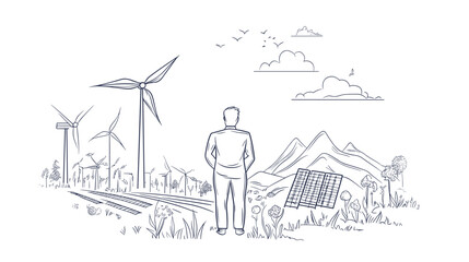 Obraz premium Man Standing Near Wind Turbines Illustration.