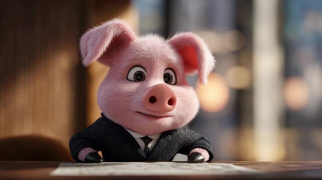 Cute 3D cartoon pig character wearing business suit sitting on office desk, funny corporate mascot concept.