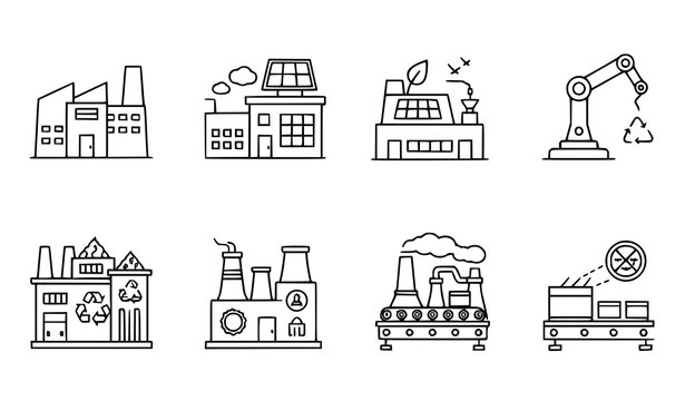 Isometric vector factory icon set with industrial, eco, and robotic symbols for modern web and UI design