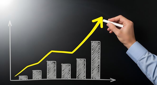 A hand completes drawing an upward-pointing arrow on a business success chart - Powered by Adobe
