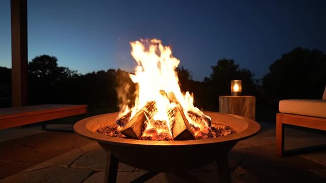 Warm outdoor fire pit with blazing logs on a patio at twilight, creating a cozy and relaxing evening ambiance.