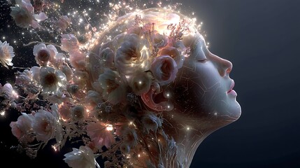 human head blooming with luminous flower of light, cosmic aura, representing awakening and enlightenment, ethereal atmosphere, cinematic fine art, hyper-realistic, 32K 