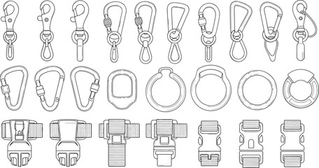 Vector collection of technical hardware flat sketches featuring carabiners plastic buckles metal hooks and D-rings for bag design outdoor gear and apparel CAD © Its Ariful 
