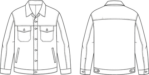 Technical flat sketch of a women's hooded zip-up windbreaker jacket featuring raglan sleeves and welt pockets front and back views for fashion design CAD © Its Ariful 