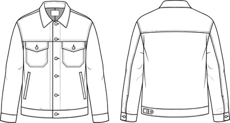 Technical flat sketch of a women's hooded zip-up windbreaker jacket featuring raglan sleeves and welt pockets front and back views for fashion design CAD © Its Ariful 