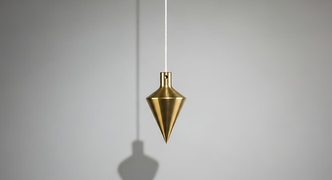 Brass plumb bob hanging on white string with shadow on gray background gold metal tool