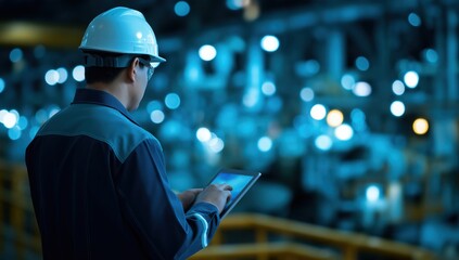 Engineer wearing hard hat and safety glasses, using a digital tablet in a modern smart factory or industrial setting