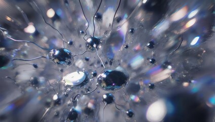 Abstract depiction of metallic spheres connected by thin lines,  in a dynamic,  blurred cluster,  filled with glittering light effects