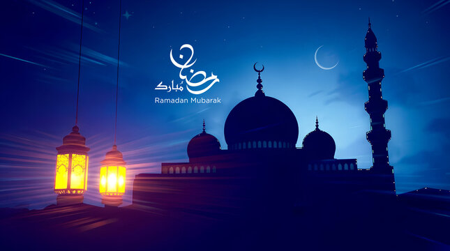 Ramadan Kareem, Ramadan Mubarak  Translated: in Arabic calligraphy greeting card with Hanging Illuminated Lanterns you can use it for Islamic occasions like Ramadan, Eid Ul Fitr and Eid Ul Adha