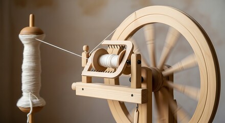 Wooden spinning wheel with white yarn on bobbin and spindle thread