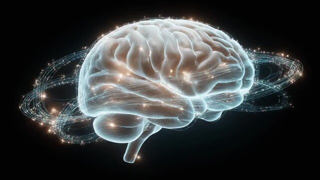 A 3D rendered brain with swirling light trails against a dark background, depicting neural activity