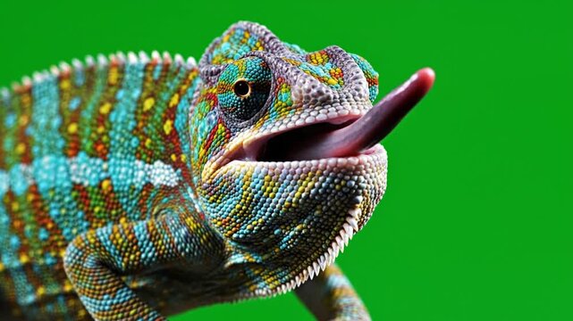 Vibrant Colored Chameleon Macro Shot Against Green Background