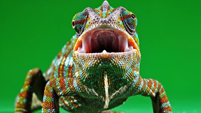 Chameleon Reptile Close Up Angry Roar Bright Green Background