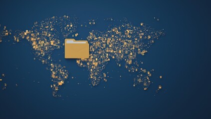 World map made of data fragments with a digital folder, representing global data storage, big data, and cloud computing