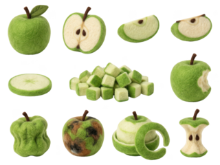 Green Apple Still Life: From Fresh to Rotten on White