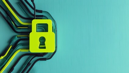 Padlock symbol representing internet safety and data protection with connecting wires on a clean copy space background