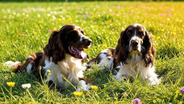 Two English Springer Spaniels Relaxing in a Grassy Field.