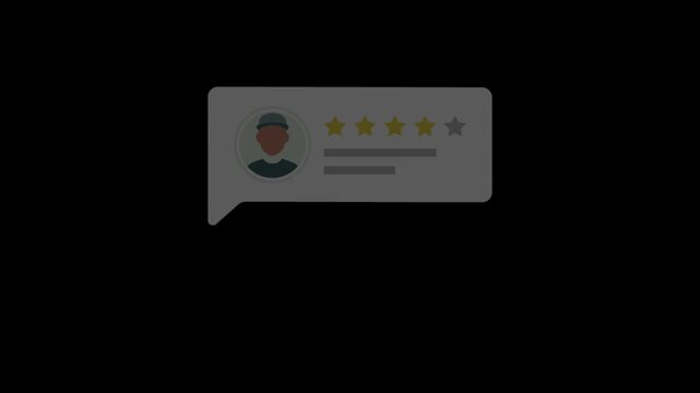 User review speech bubble animation with five stars rating and diverse avatars for testimonial concept on black background