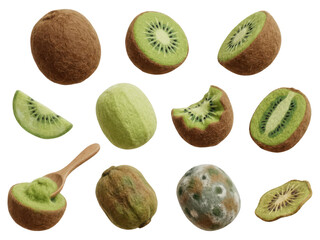 Fototapeta premium Kiwi Fruit Collection: Fresh Slices, Whole, Spoiled - 3D Render Isolated