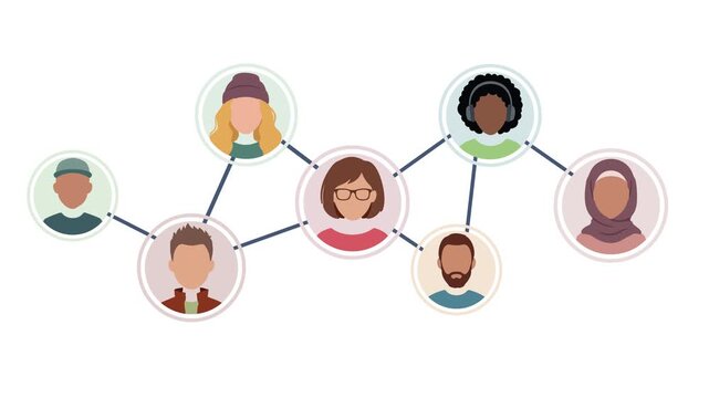 People connection chain animation with diverse avatars for referral program and social networking concept on white background
