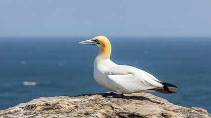 Obraz premium A sea bird with white plumage and a yellow head perched on a rock overlooking the blue ocean