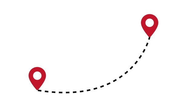 Airplane flight path animation with red location pin and dotted line for travel route concept on white background