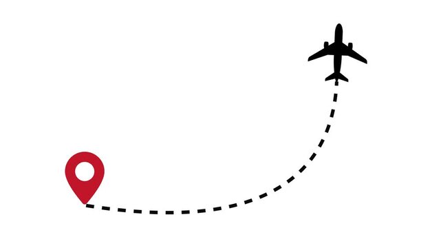 Airplane flight path animation with red location pin and dotted line for departure and takeoff travel concept on white background
