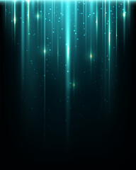 Futuristic blue light beams cascading with shimmering bokeh particles on dark background for digital technology and energy concepts