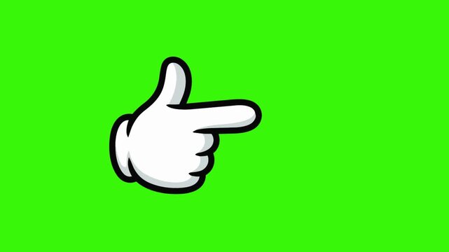 Cartoon hand with white glove pointing finger to the right direction for attention gesture on green screen background