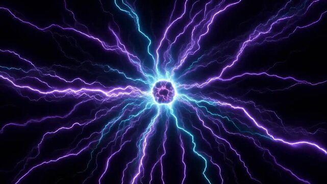 Abstract electric energy explosion forming a dimensional shockwave portal, glowing neon blue